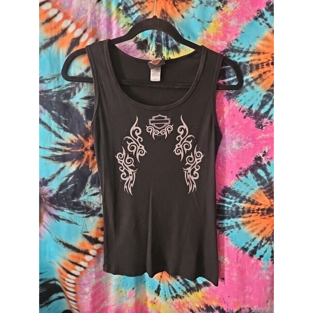 Harley Davidson Black Rhinestone Graphic Ribbed Tank Large Biker Y2K Motorcycle