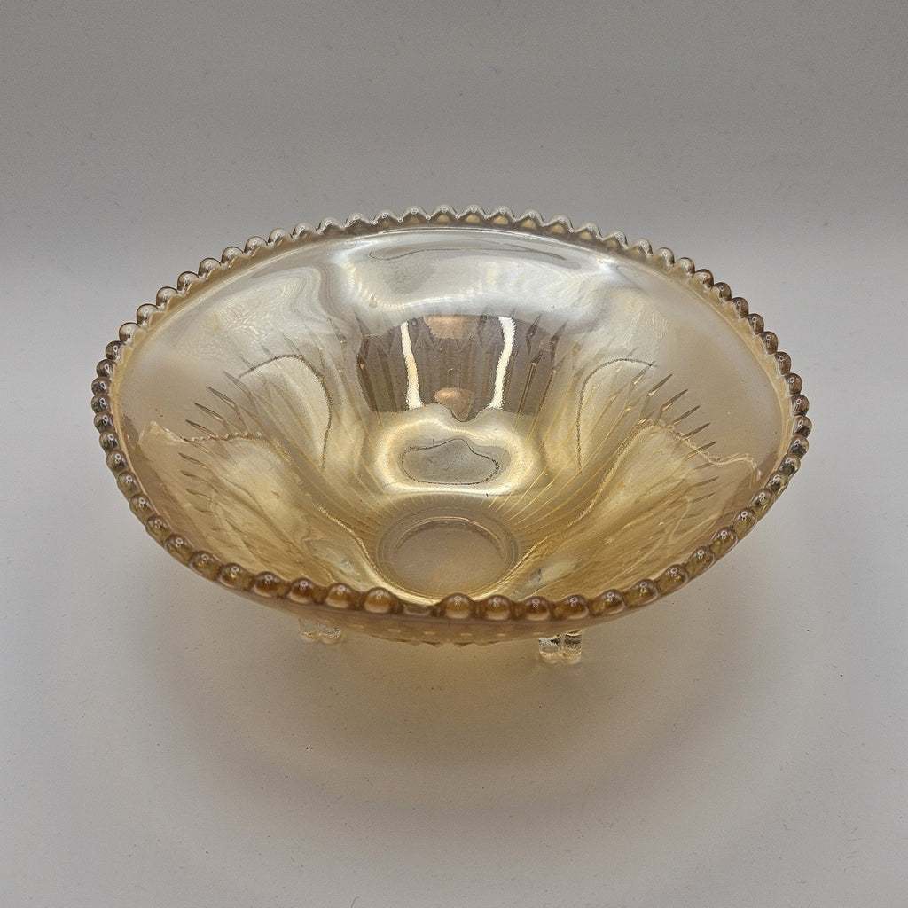 Vtg Carnival Glass Candy Dish Amber Three Footed Beaded Rim Diamond Pointed Ribs