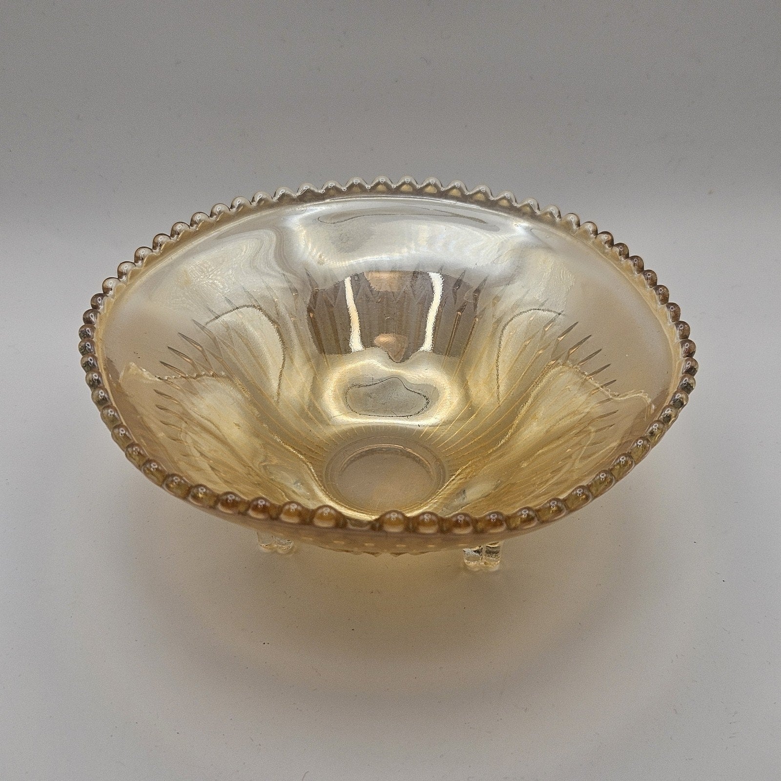 Vtg Carnival Glass Candy Dish Amber Three Footed Beaded Rim Diamond Pointed Ribs