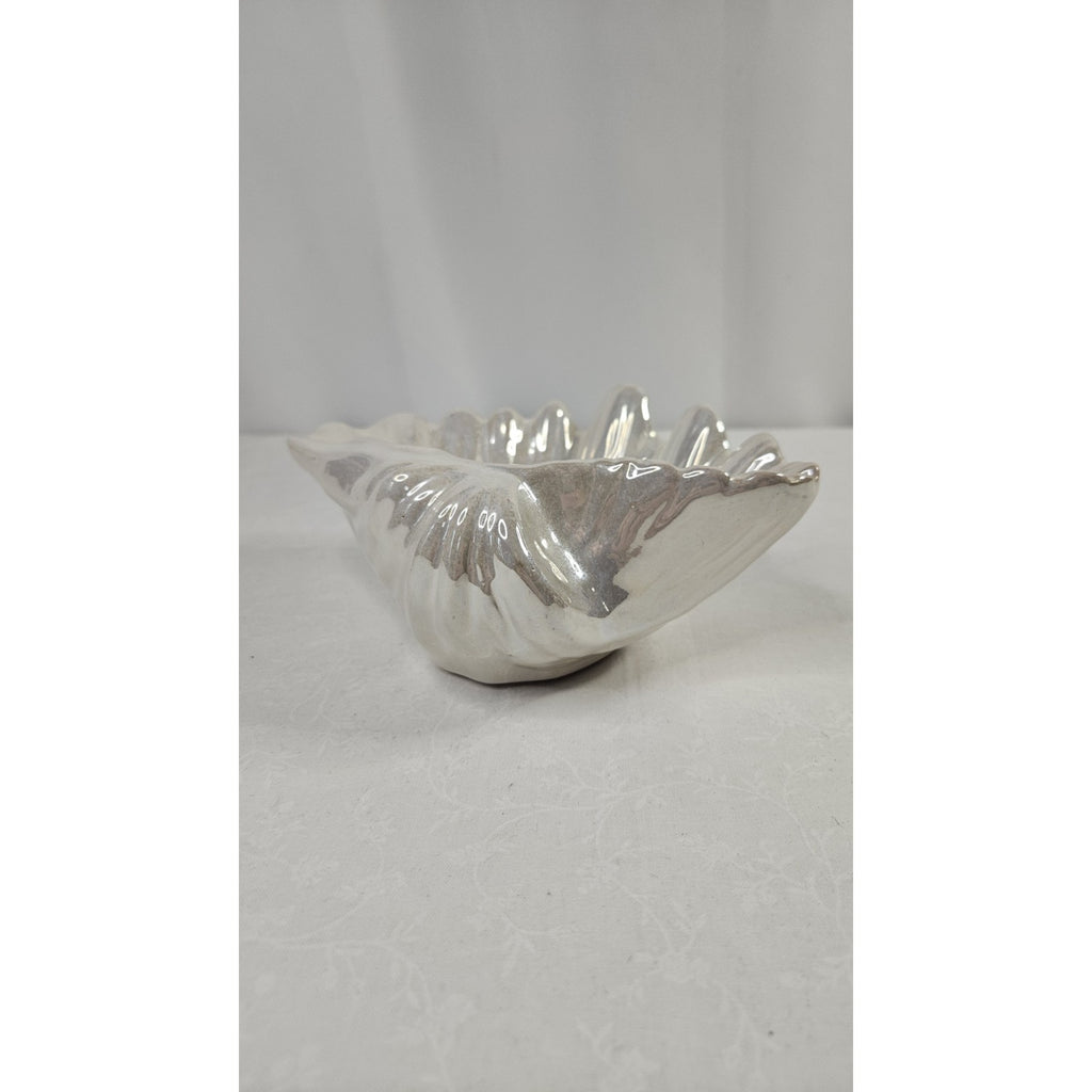 Hand Blown Opalescent Shell Art Glass Bowl White Rainbow Mid Century Beach