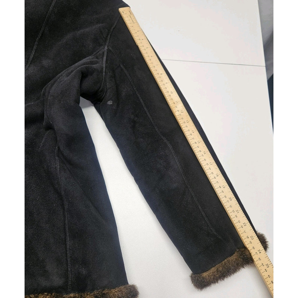 Vtg Y2K Jones New York Womens XL Black Faux Suede Coat Faux Fur Trim Retro Style