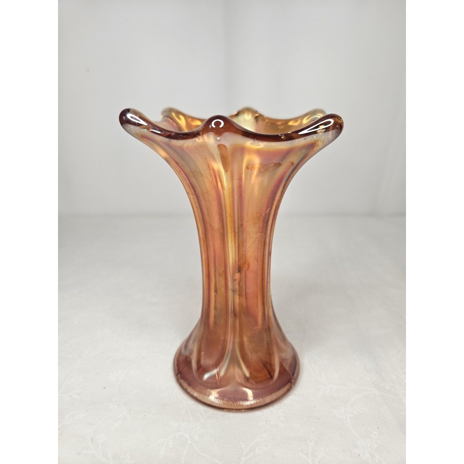 Vintage Amber Imperial Morning Glory Miniature Vase 5" Carnival Glass Orange