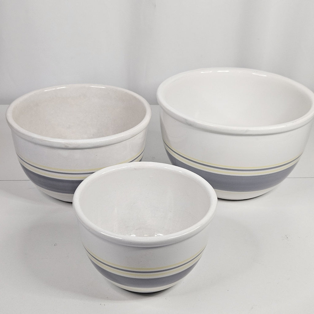 Vtg MCM Mount Mt. Clemens Pottery Mixing Bowl Set 3 Gray Yellow Stripes Japan