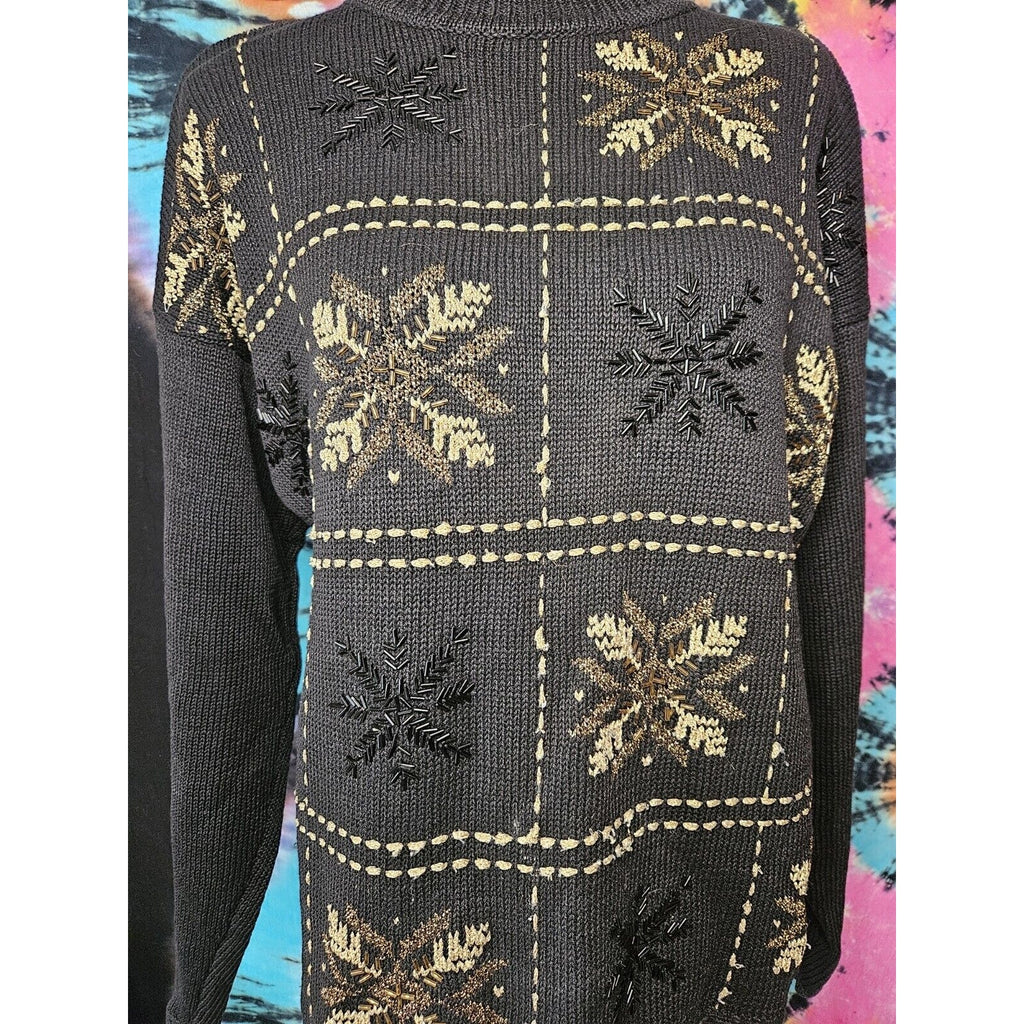 Vintage Beldoch Popper Black Winter Christmas Sweater Gold Bead Snowflake Large
