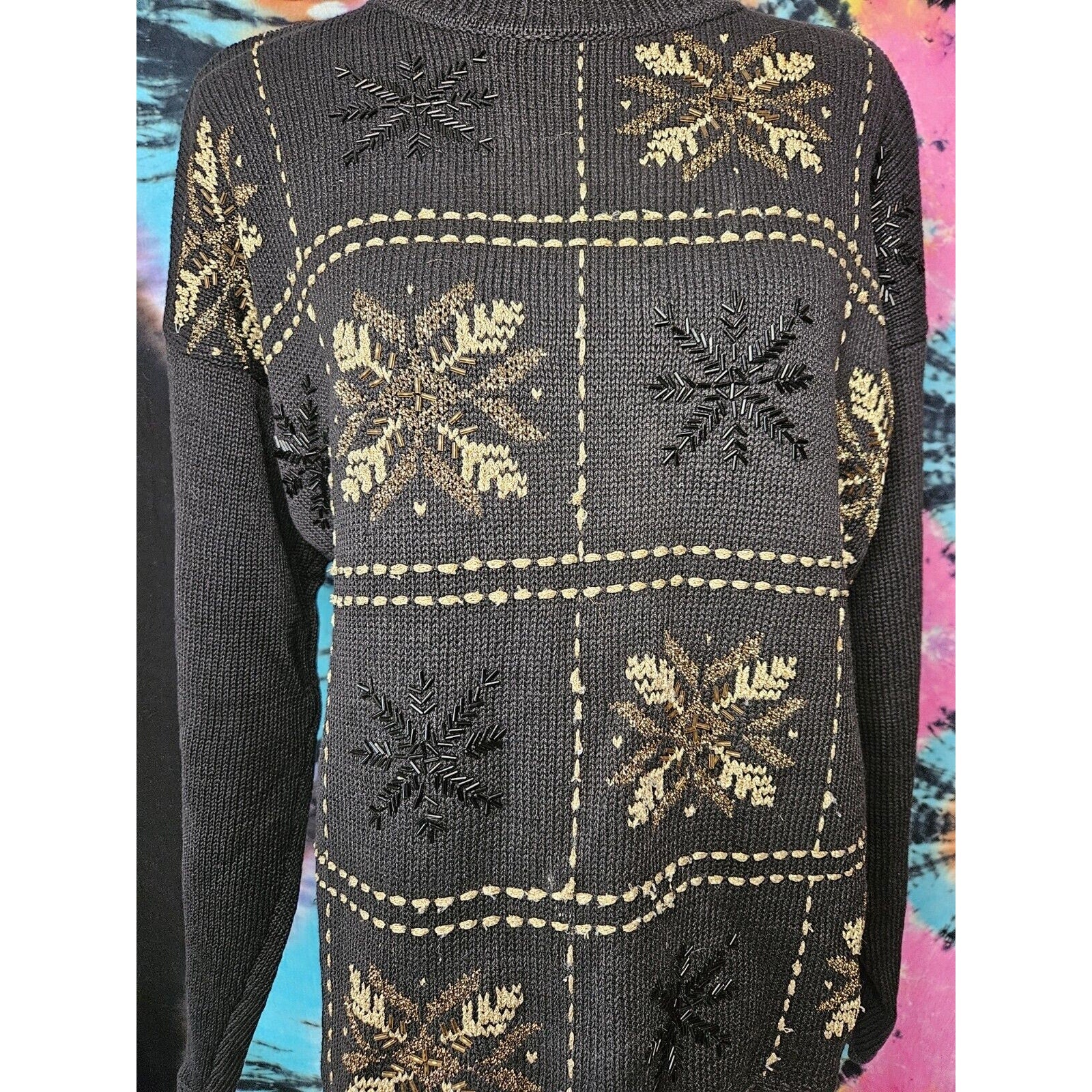 Vintage Beldoch Popper Black Winter Christmas Sweater Gold Bead Snowflake Large