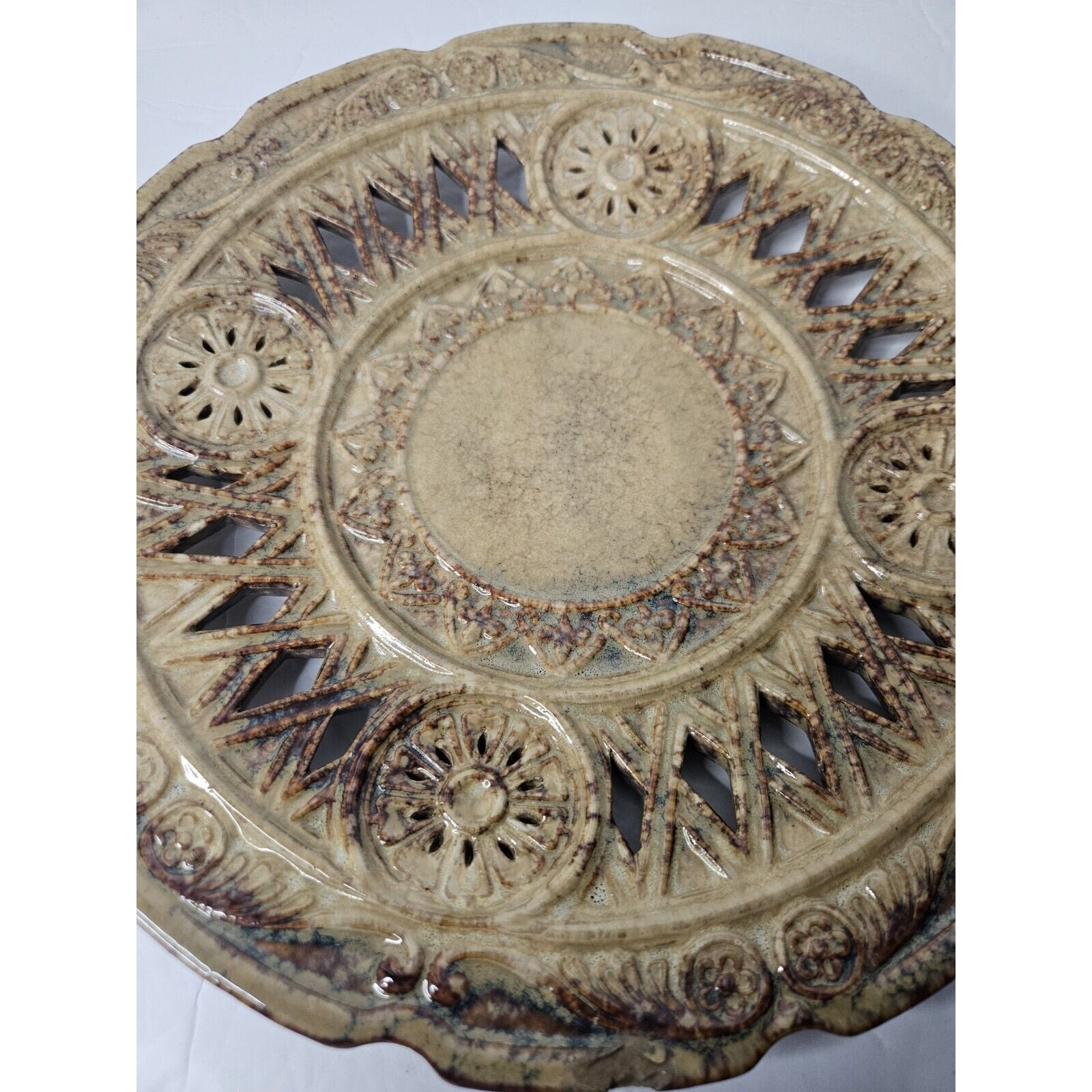 Art Pottery Glazed Vintage Ornate Plate 11.5 3729 Brown Tan