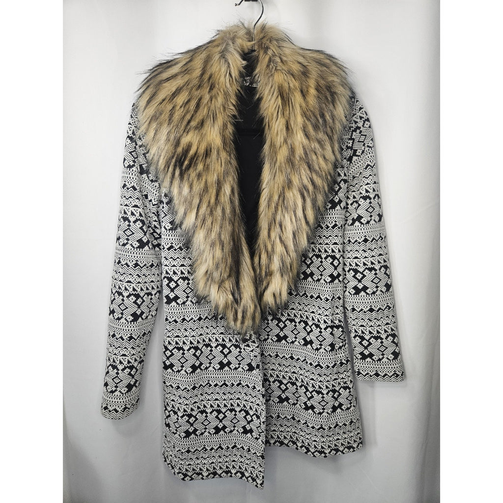 Tart Collections Faux Fur Trim Coat Jacket w/ Matching Dress Black & White Aztec