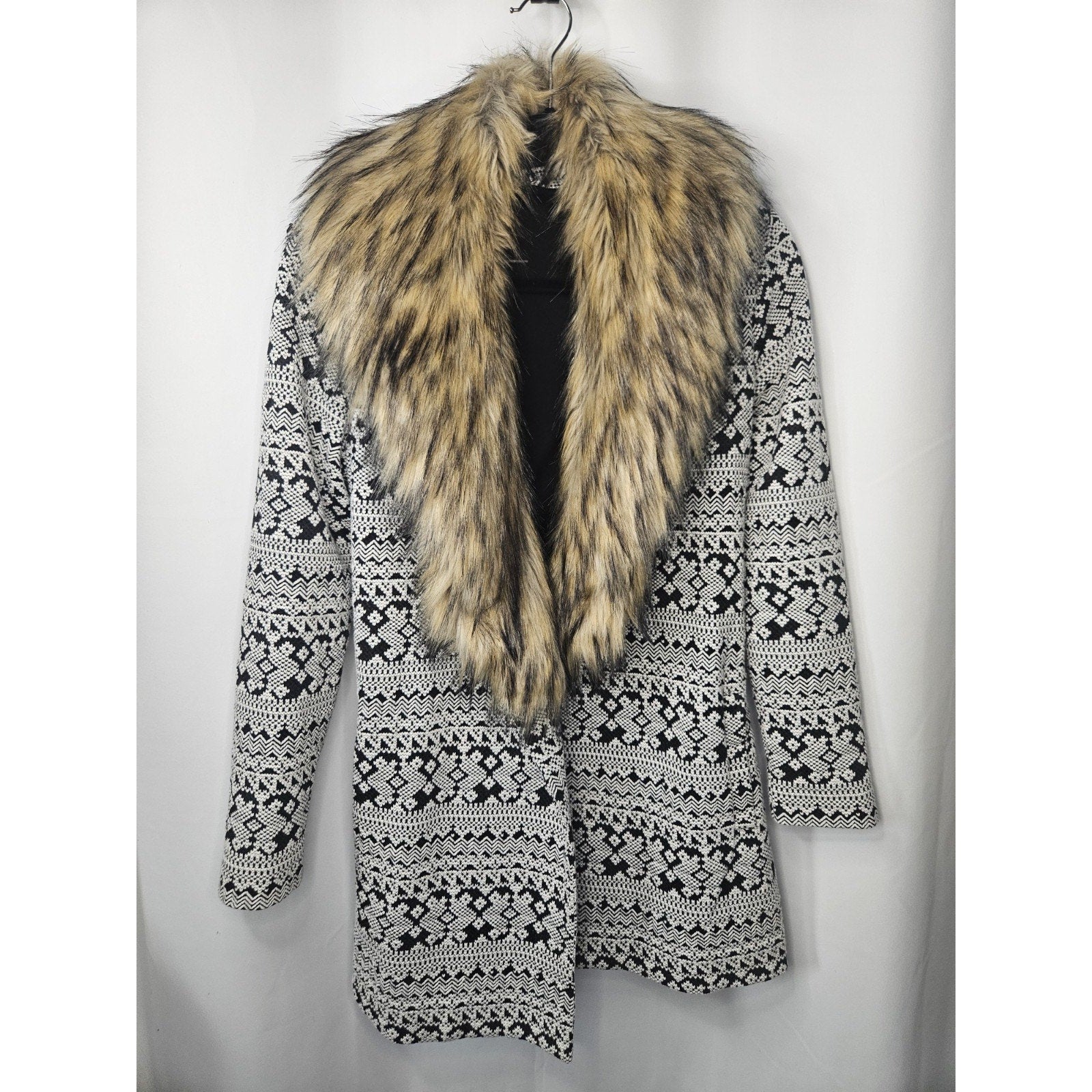 Tart Collections Faux Fur Trim Coat Jacket w/ Matching Dress Black & White Aztec