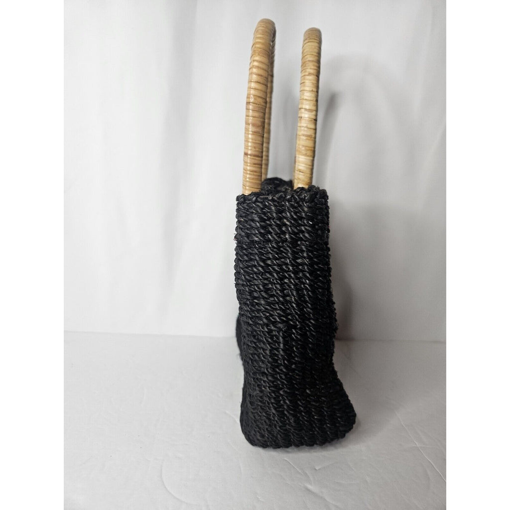 Vintage Croft And Barrow Straw Handbag Black Wood Handles
