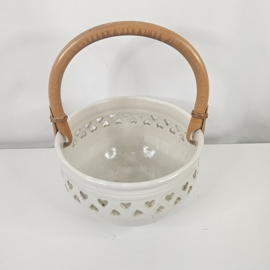 Vtg Heart Pottery Basket Wood Handle Wrapped 5" Ceramic Bowl Trinket Decorative