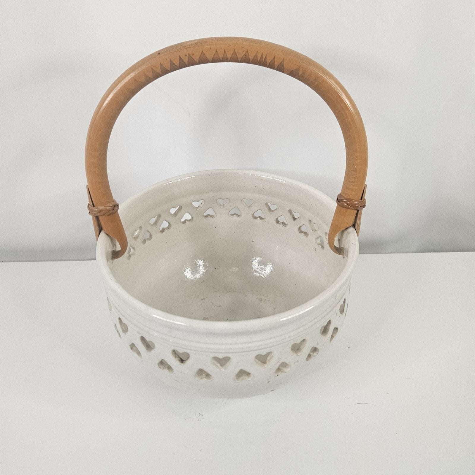 Vtg Heart Pottery Basket Wood Handle Wrapped 5" Ceramic Bowl Trinket Decorative