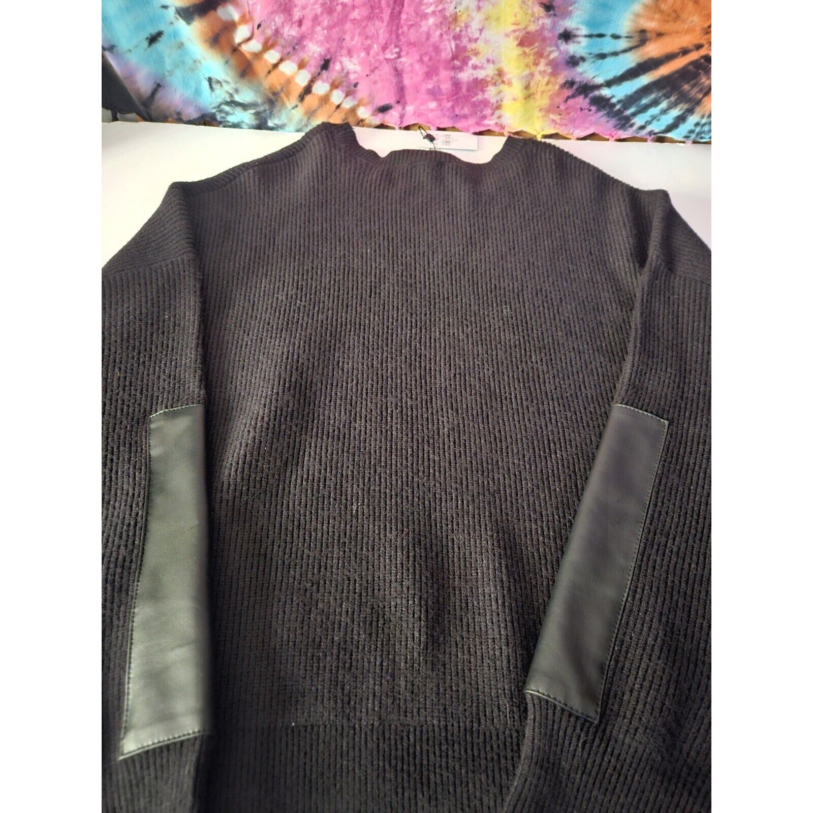 NWT Express Black Sweater With Faux Leather Accents Men's XL Crew Neck Pullover