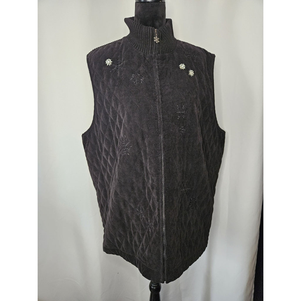 Alfred Dunner Women's Corduroy Snowflake Design Vest Full Zip Black Size 22W