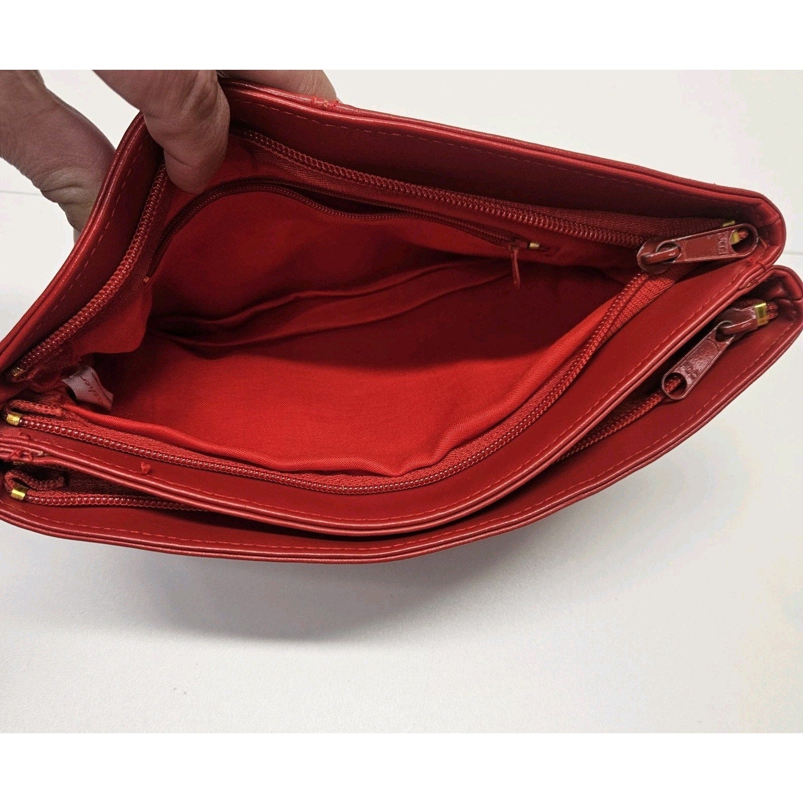 Art Deco Vintage Red Genuine Leather Clutch Bag Retro Purse Made In Hong Kong