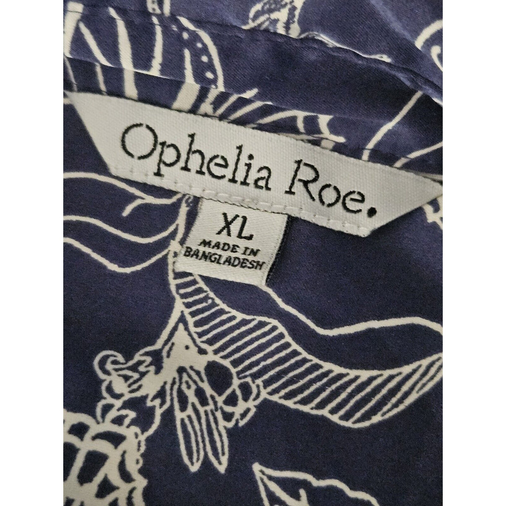 OPHELIA ROE Blue Floral Lightweight Satin Button Knee Length Dress w/o Belt XL