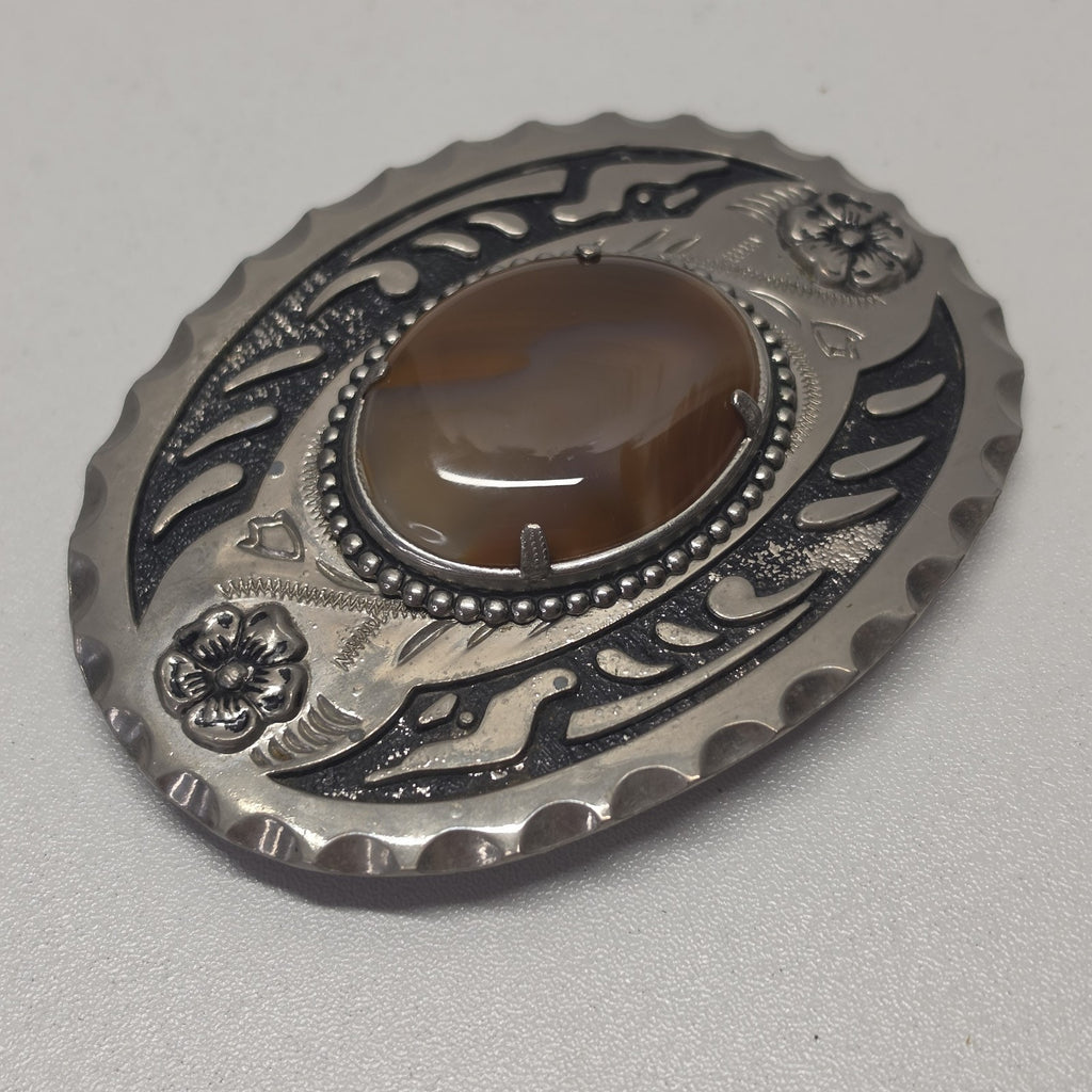 Vintage Western Belt Buckle Oval Silver Tone Brown Agate Stone Cowboy Equestrian
