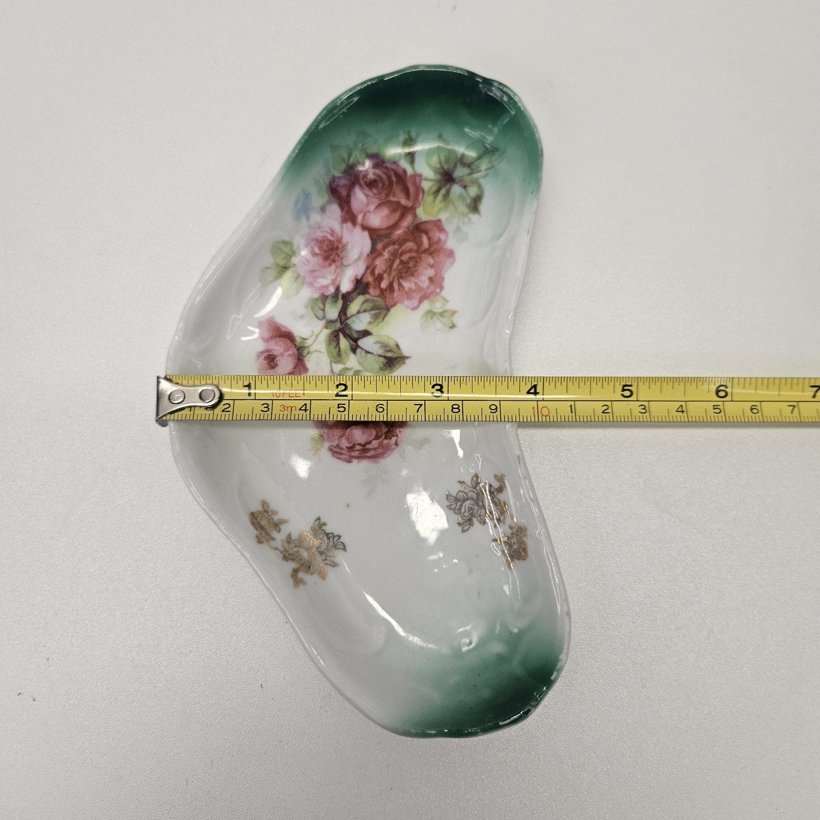 Vintage Germany Porcelain Trinket Dish Green And Pink Floral 7x4” Jewelry Tray