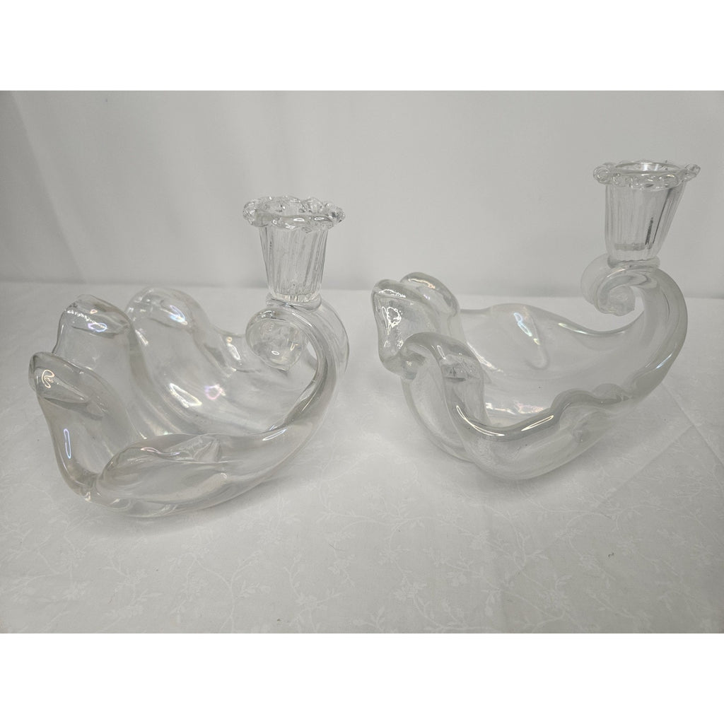 Vtg Murano Barovier Glass Ribbed Shell Candle Stick Holder Iridescent Bowl Set 2