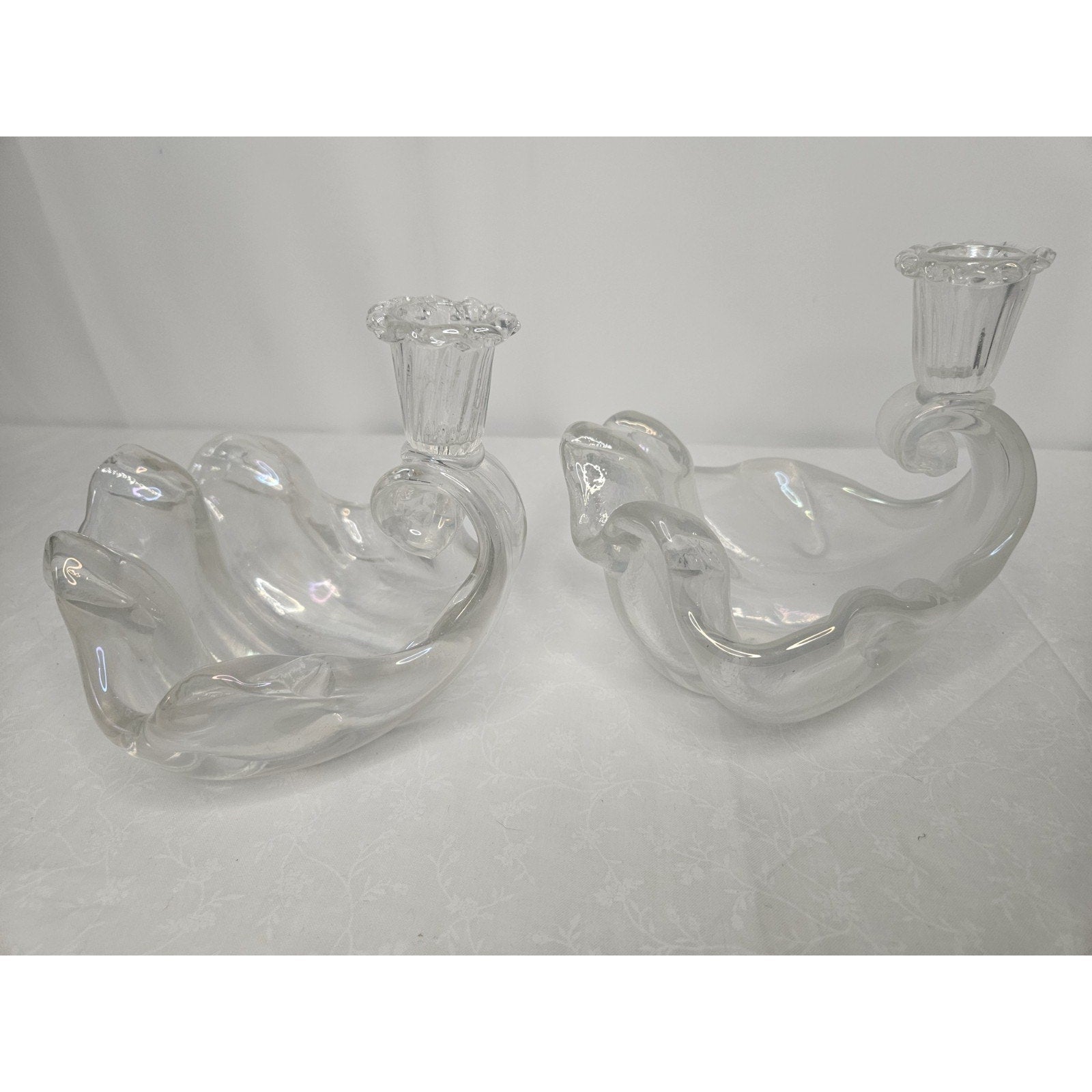 Vtg Murano Barovier Glass Ribbed Shell Candle Stick Holder Iridescent Bowl Set 2