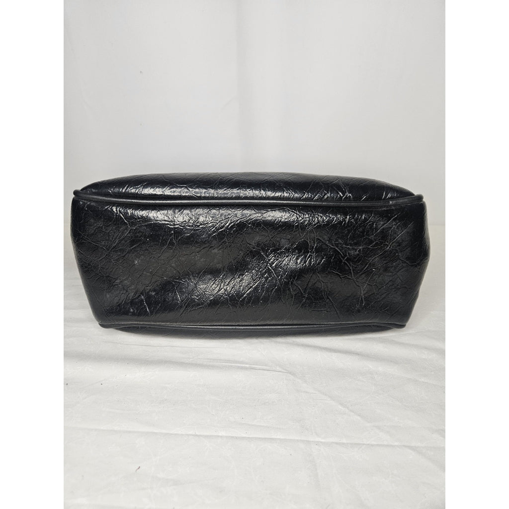 Vintage 70s Handmade Black Leather Tote Handbag Purse Shoulder Bag