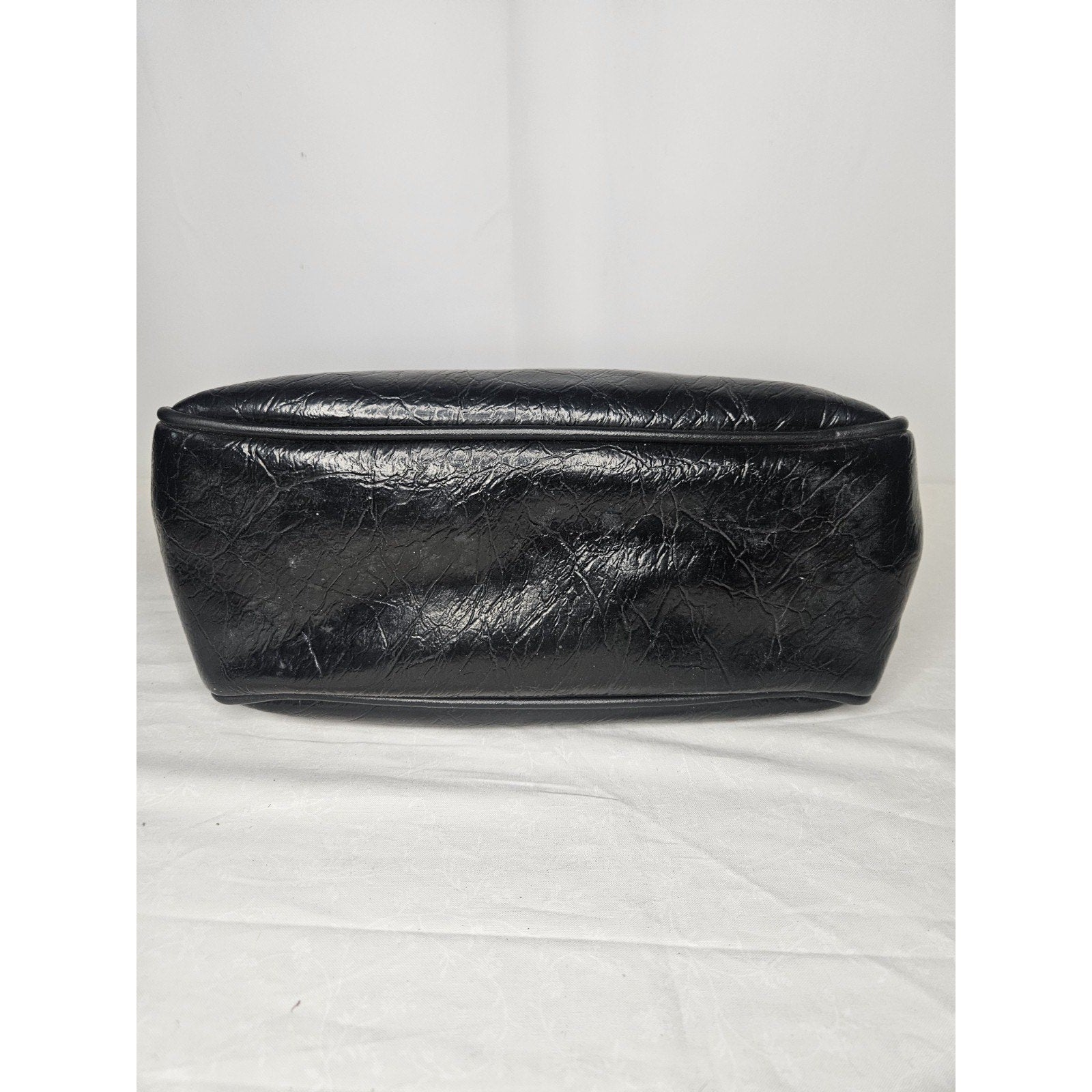Vintage 70s Handmade Black Leather Tote Handbag Purse Shoulder Bag