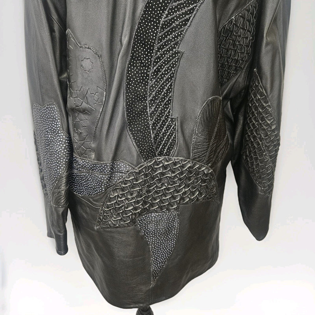 Unique 80s Oversized Black Leather Jacket Patchwork Blazer Medium Edgy Glam Vtg