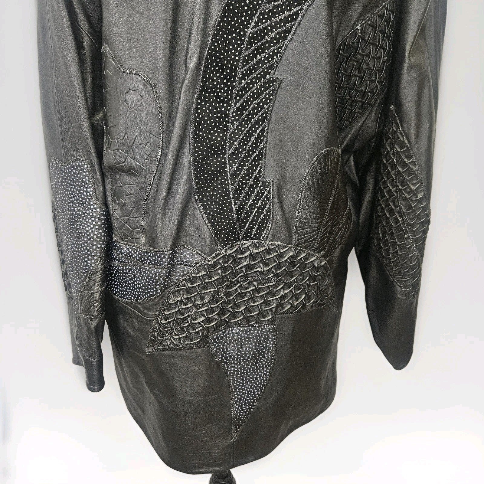 Unique 80s Oversized Black Leather Jacket Patchwork Blazer Medium Edgy Glam Vtg