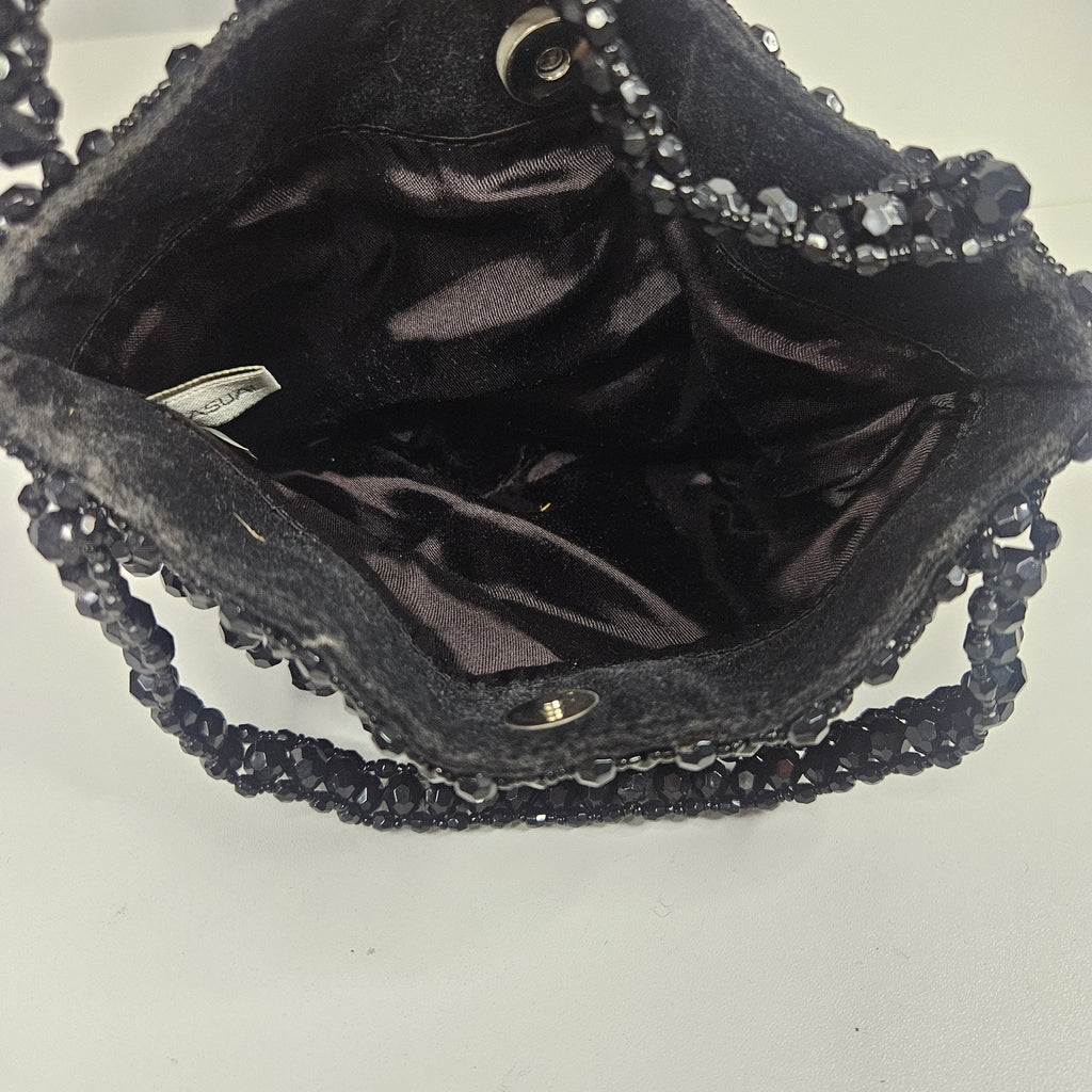 Vtg Black Beaded Drawstring Evening Bag Prom Formal 20s Flapper Accessory Purse