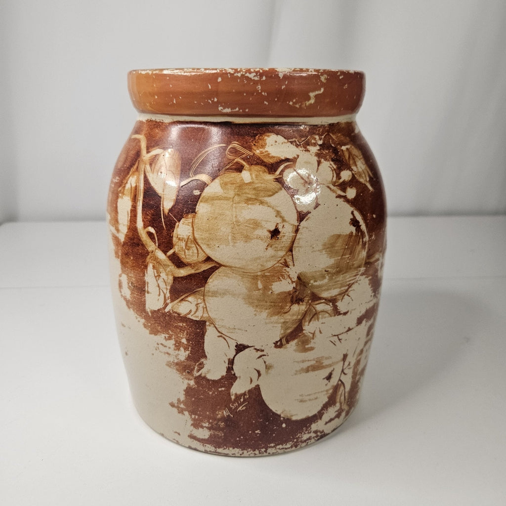 Vintage Glazed Pottery Abstract Fruit Print Cookie Jar Retro Kitchen Storage