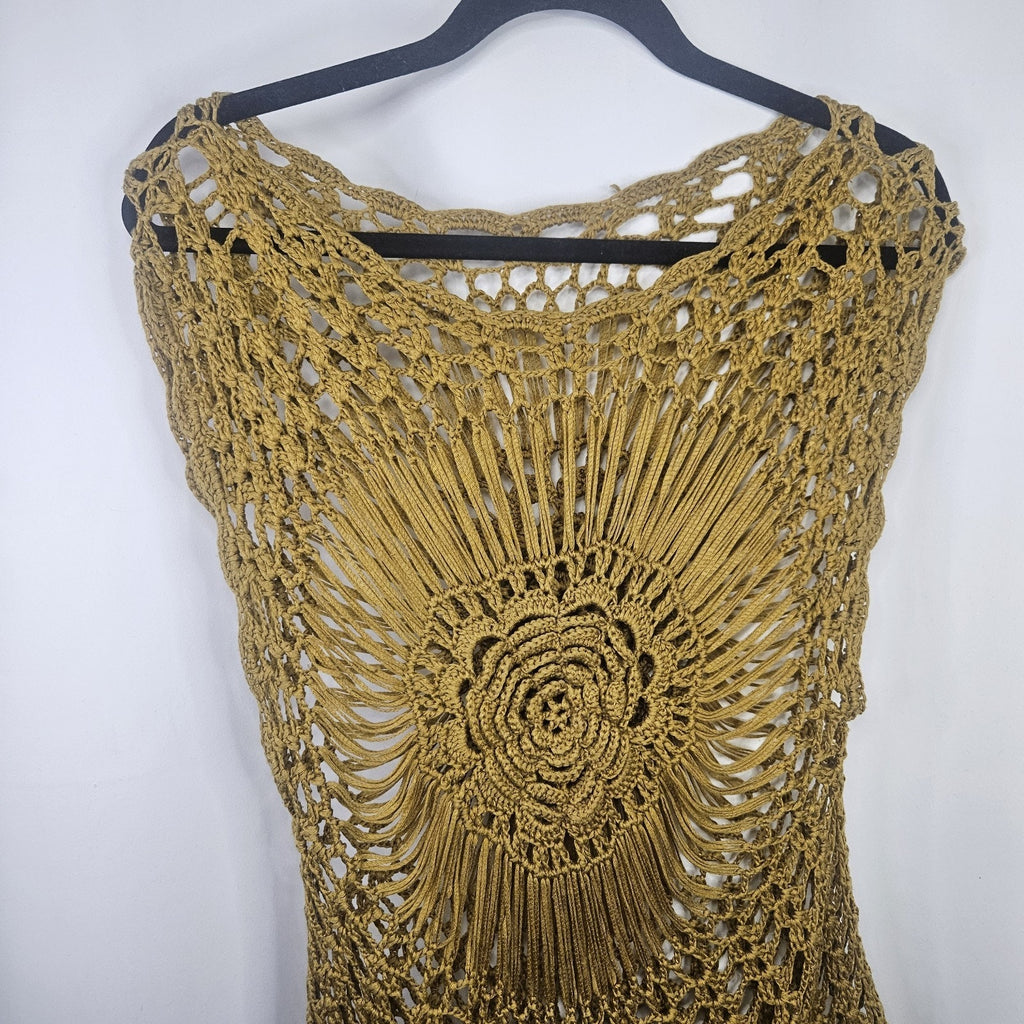 Unbranded Crochet Flower Top Womens XS/S Cotton Open Knit Gold Boho Festival
