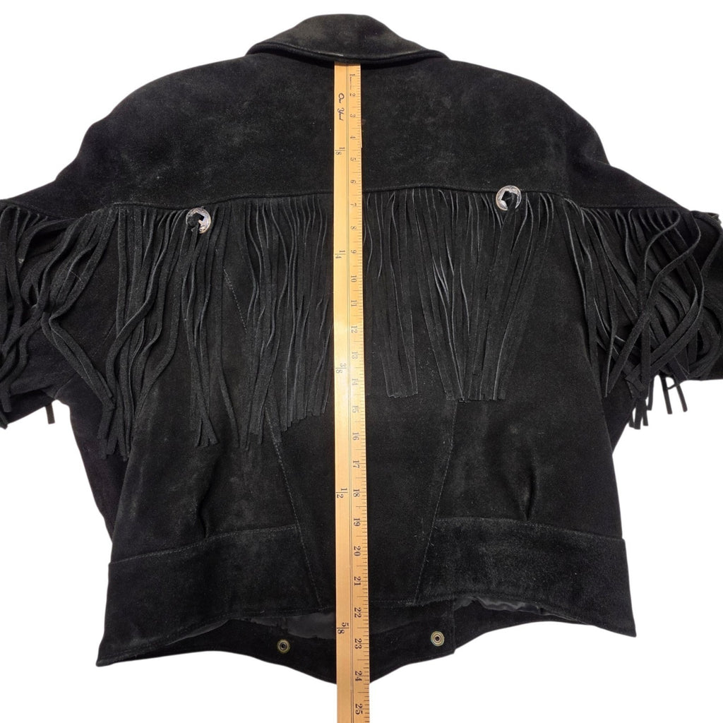 Vintage 1990s Black Suede Leather Fringe Western Jacket Large Cowgirl Festival