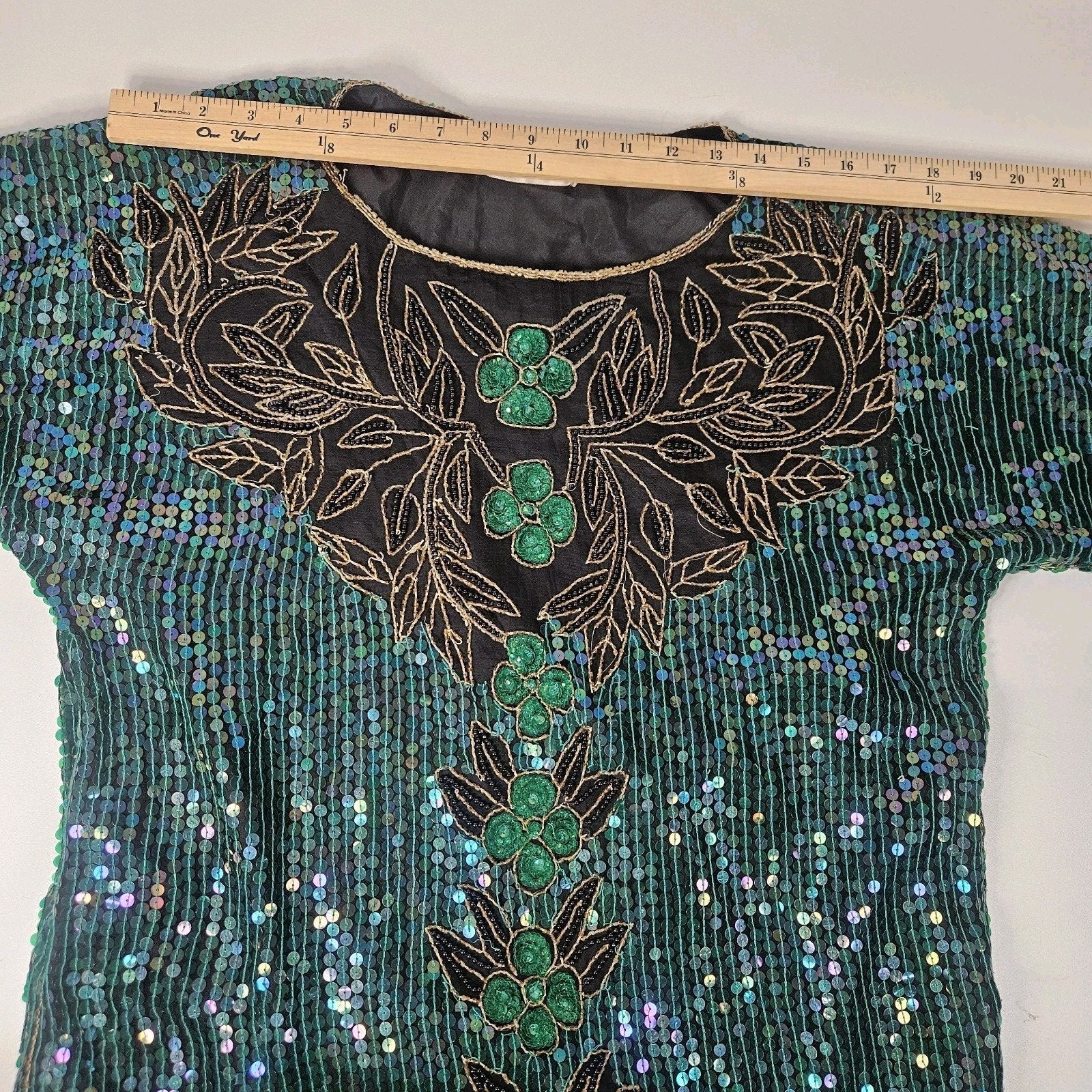 Vtg 90s Blue Green Sequin Beaded Silk Formal Top Party Y2K Gatsby Glam Sz Large