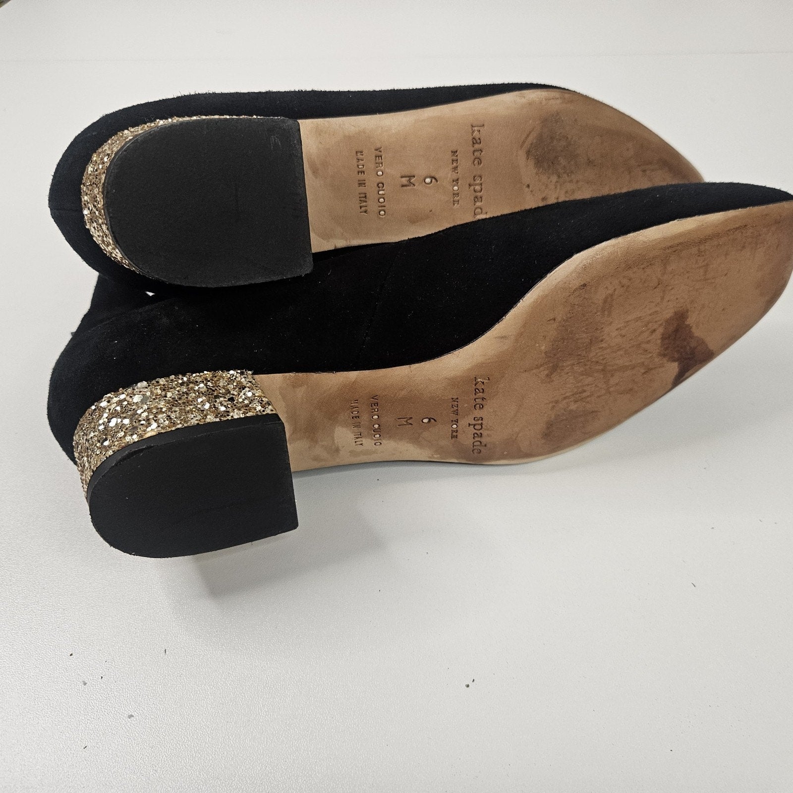 Kate Spade Black Mary Jane Suede Gold Glitter Block Shoe 6M Dbl Strap Square Toe