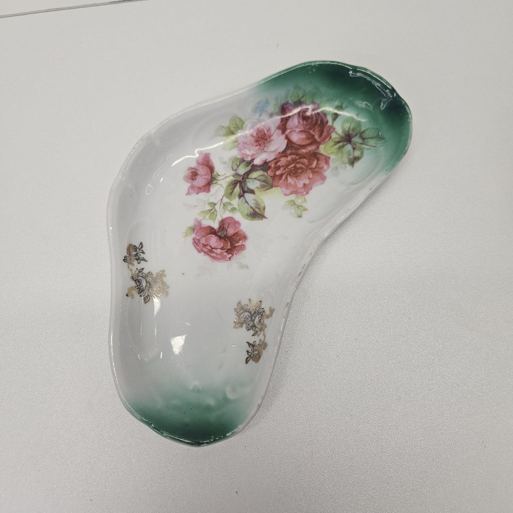 Vintage Germany Porcelain Trinket Dish Green And Pink Floral 7x4” Jewelry Tray