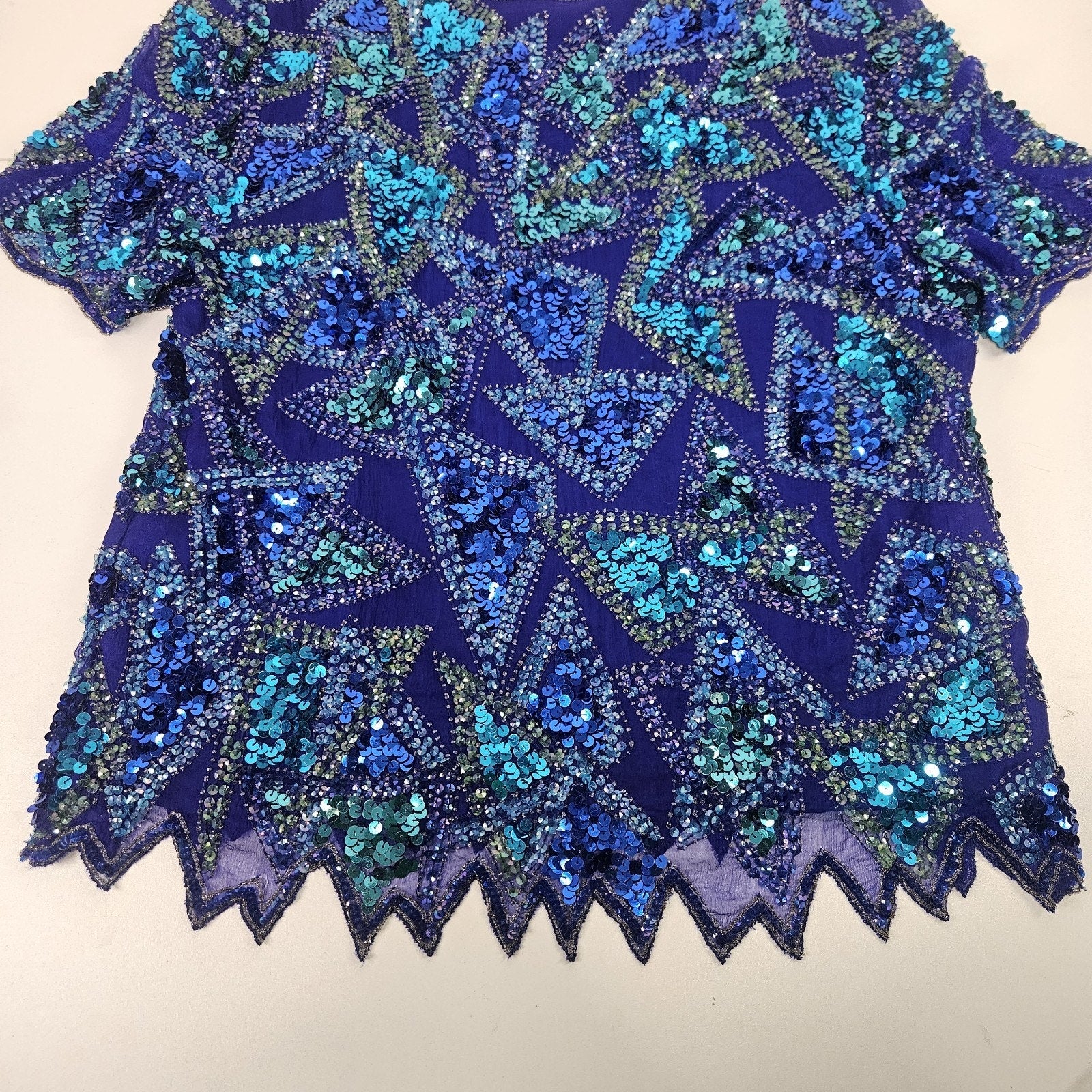 Sequin Beaded Silk Top 90s Vintage Blue Green Blouse Gatsby Glam Party Large