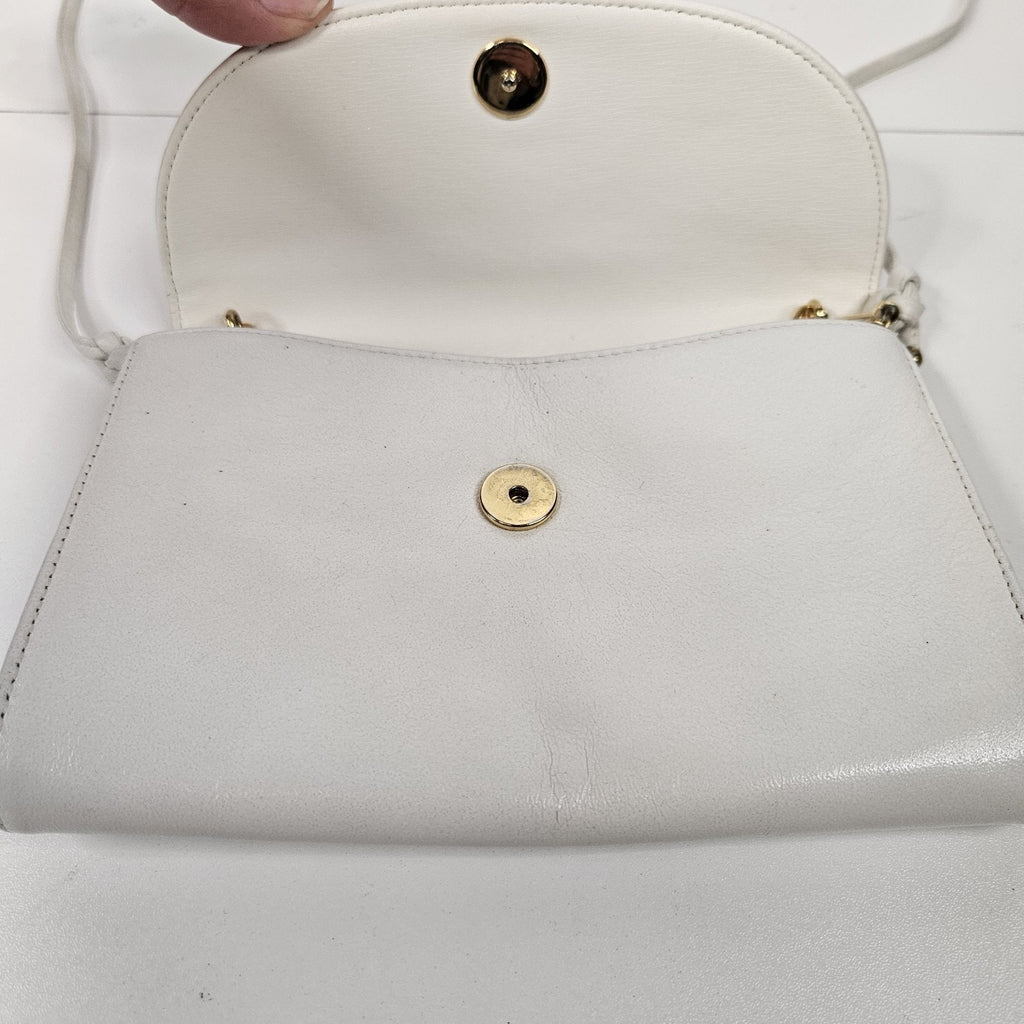 Vintage KORET 100% White Genuine Leather Crossbody Purse-B130 1960s Gold Tone