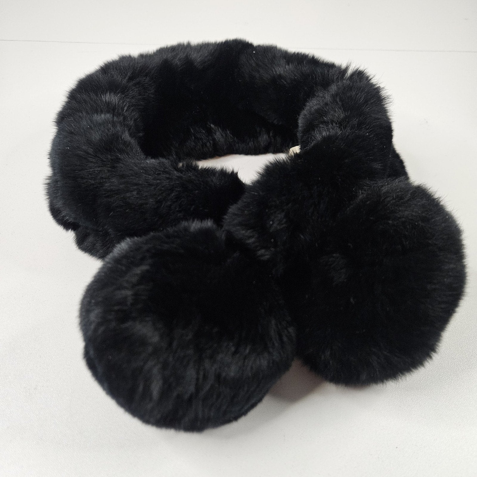 Vtg Genuine 100% Rabbit Fur Pom Pom Black Chunky Neck Warmer Scarf 4x26 Retro