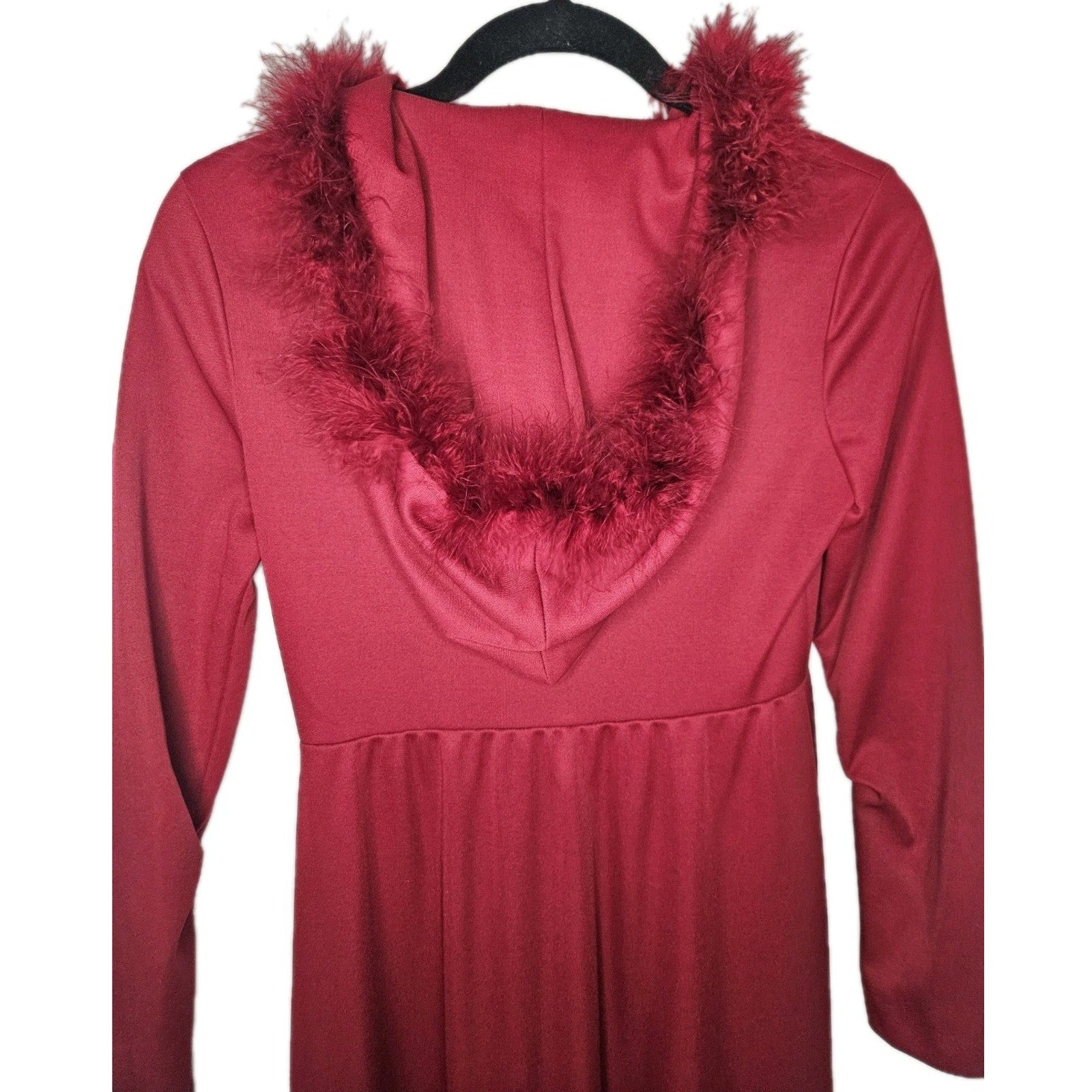 Vintage 70s Maroon Marabou Trim Hooded Robe Maxi Disco Robe Women's Size 5 S/M