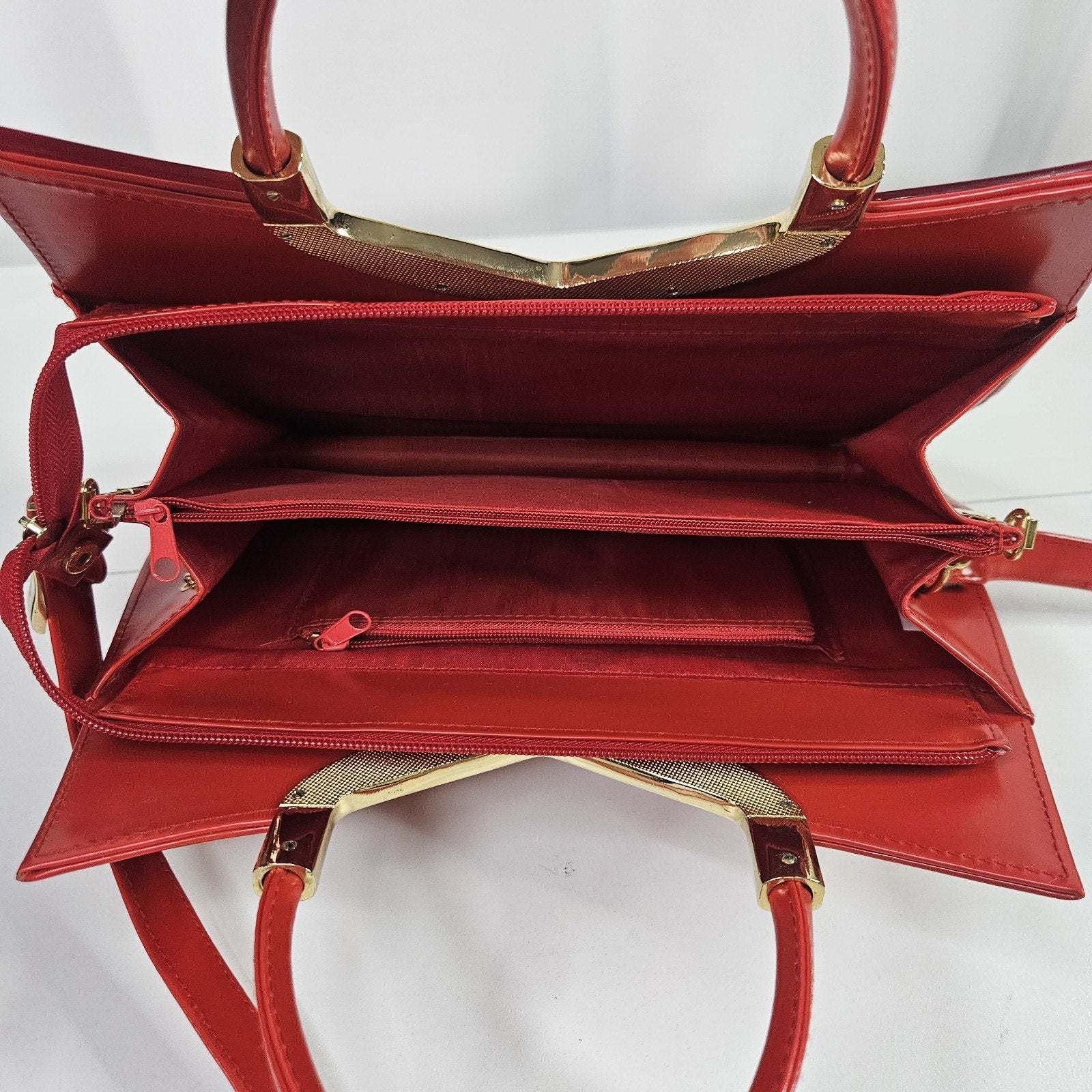 Retro Inspired Glossy Statement Handbag Red Gold Accents Acrylic Shoulder Purse