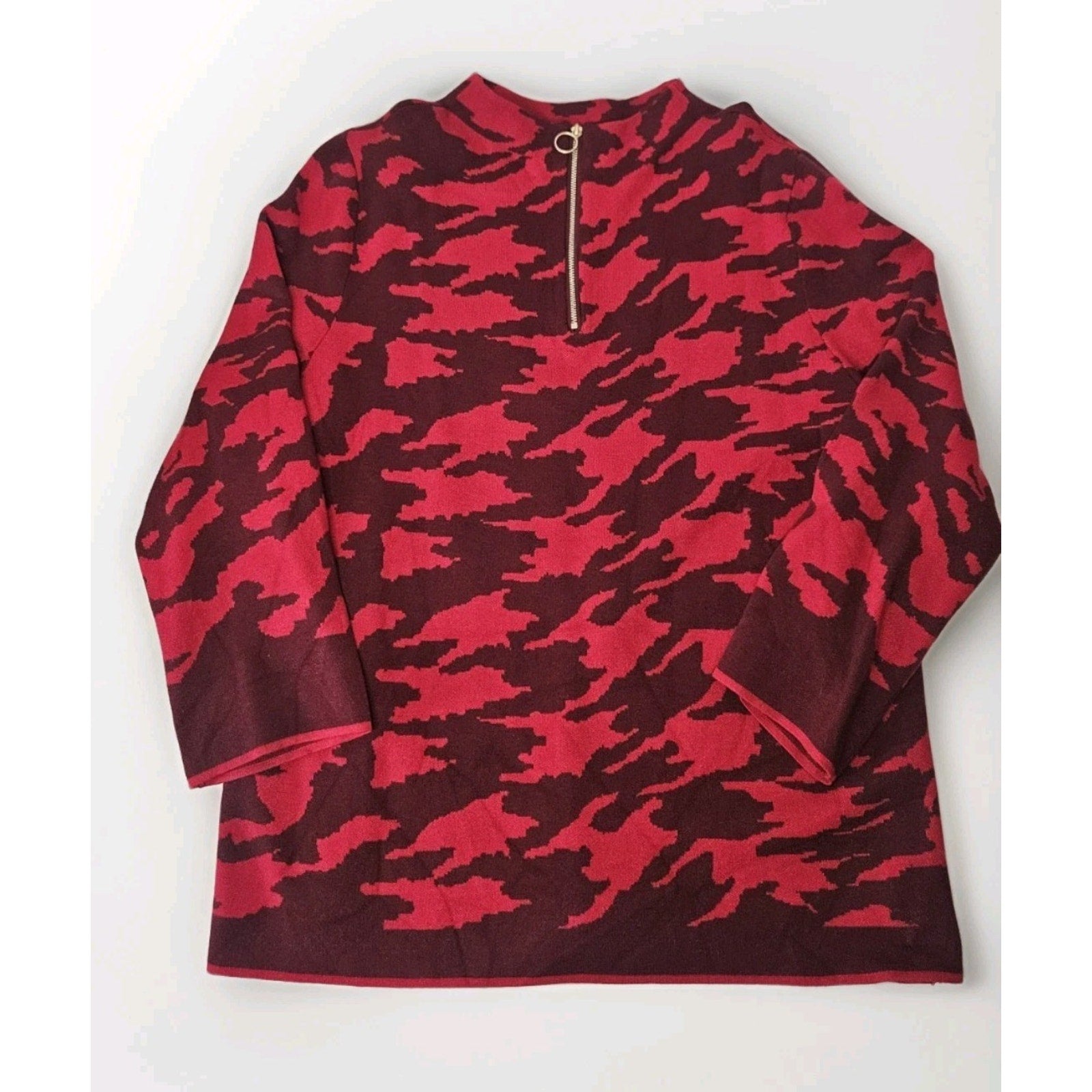 Chico’s Zip Back Mock Neck Red Knit Sweater Classic Fit 3/4 Sleeves Size 3 XL