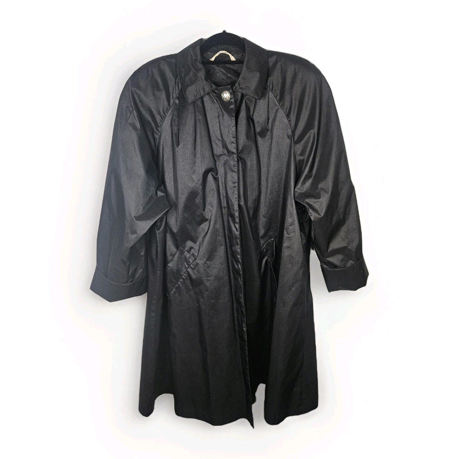 80s Trench Coat British Mist Women's Black Lined Trench Raincoat Jacket XL 16