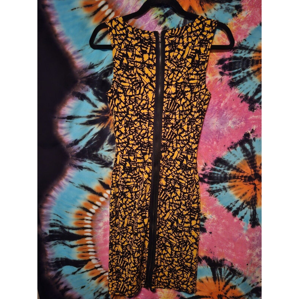 Vintage Kenneth Cole Body Con Zipper Ruched Dress Yellow & Black Abstract Print Size 4