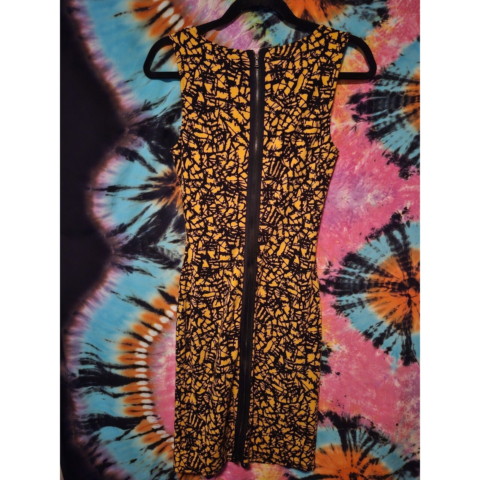 Vintage Kenneth Cole Body Con Zipper Ruched Dress Yellow & Black Abstract Print Size 4