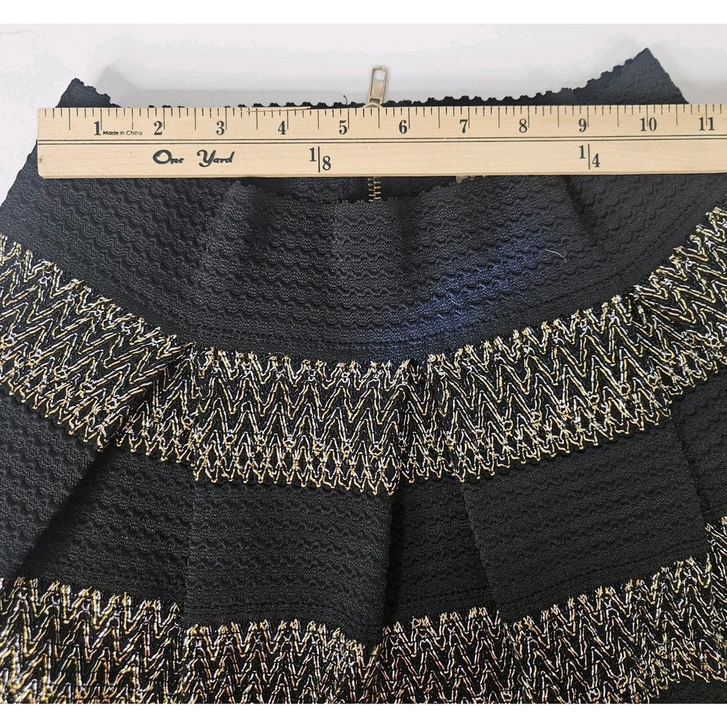 Ginger G Women's Mini Skirt A Line Pleated Black Gold Medium Holiday Metallic