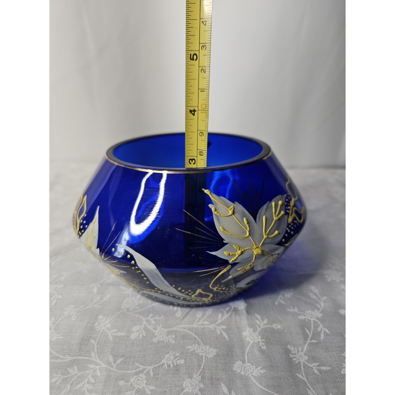 Bohemian Art Glass Short Vase in Cobalt Blue with Enameled Flowers & Gold Detail