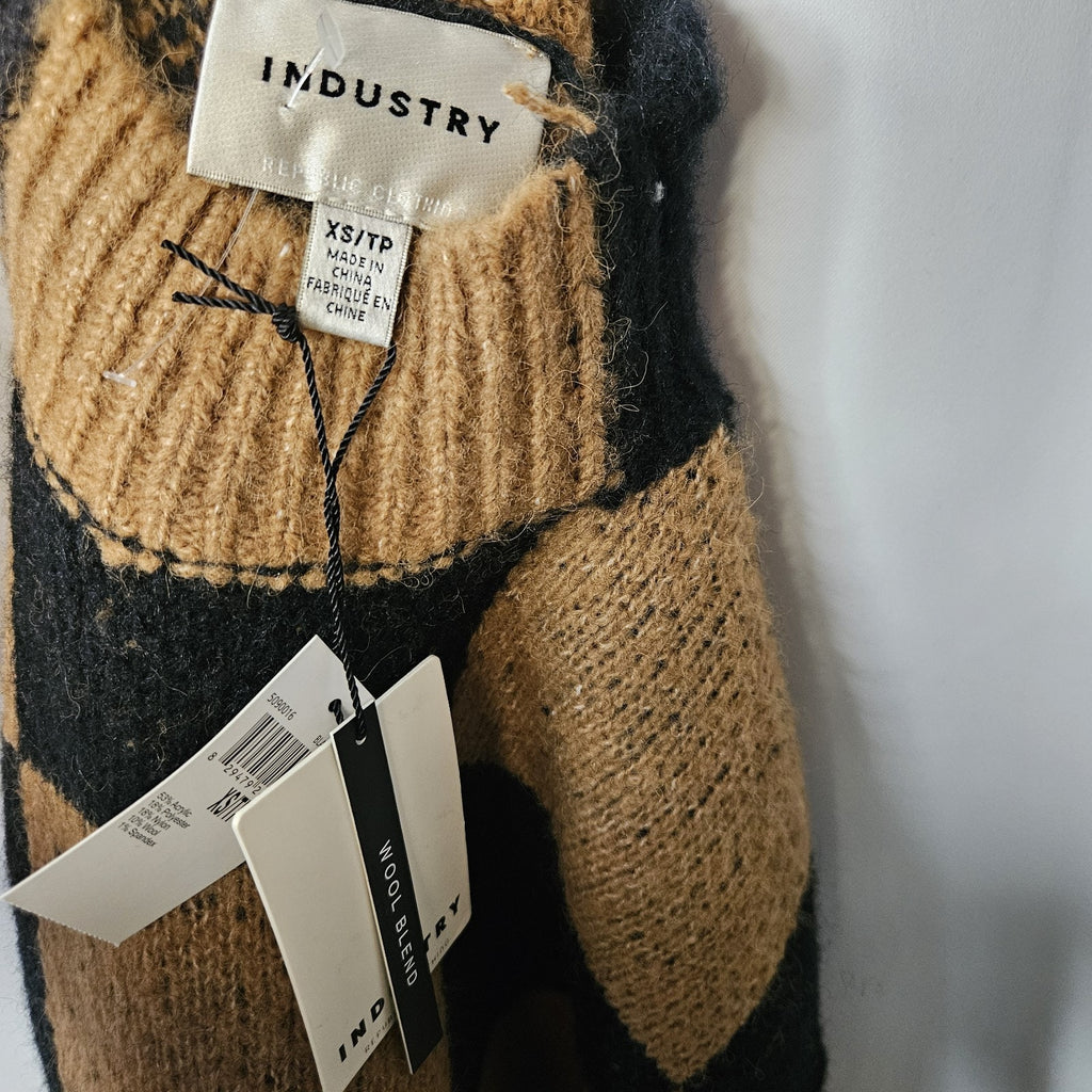 Industry Wool Blend Knit Checkered Sweater Women's XS Black & Tan Minimalist