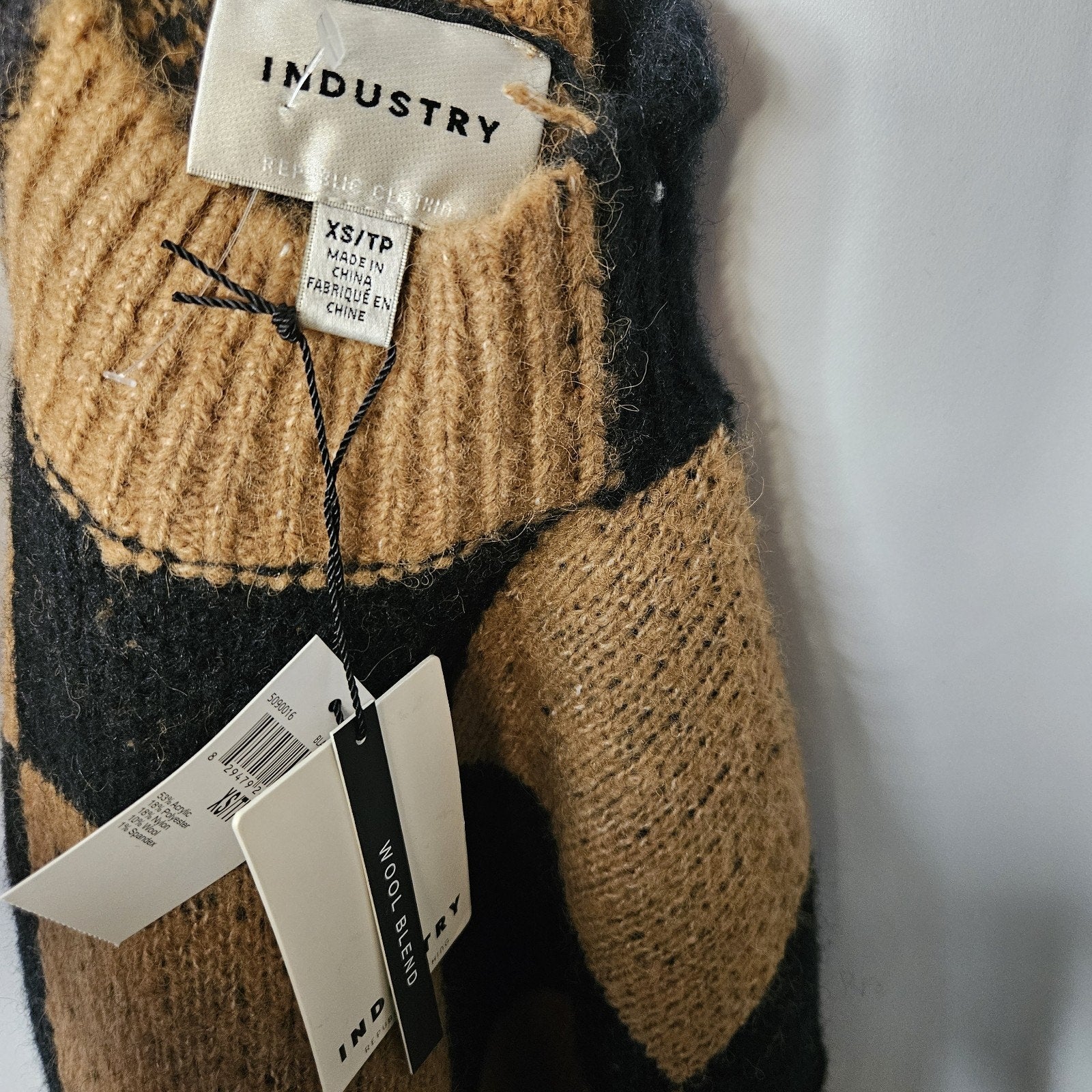 Industry Wool Blend Knit Checkered Sweater Women's XS Black & Tan Minimalist