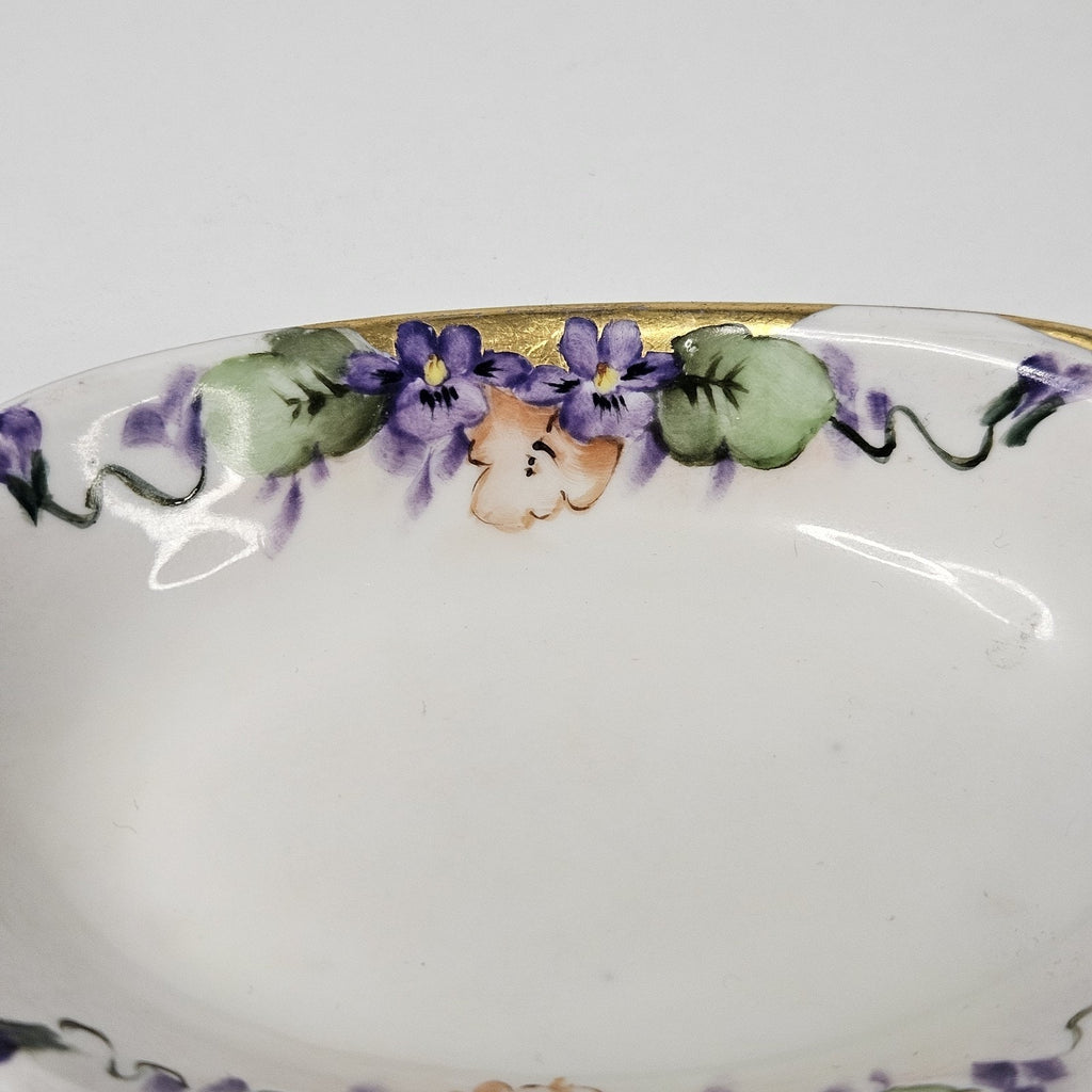 Antique hand-painted porcelain nappy dish candy bowl violet motif gold trim