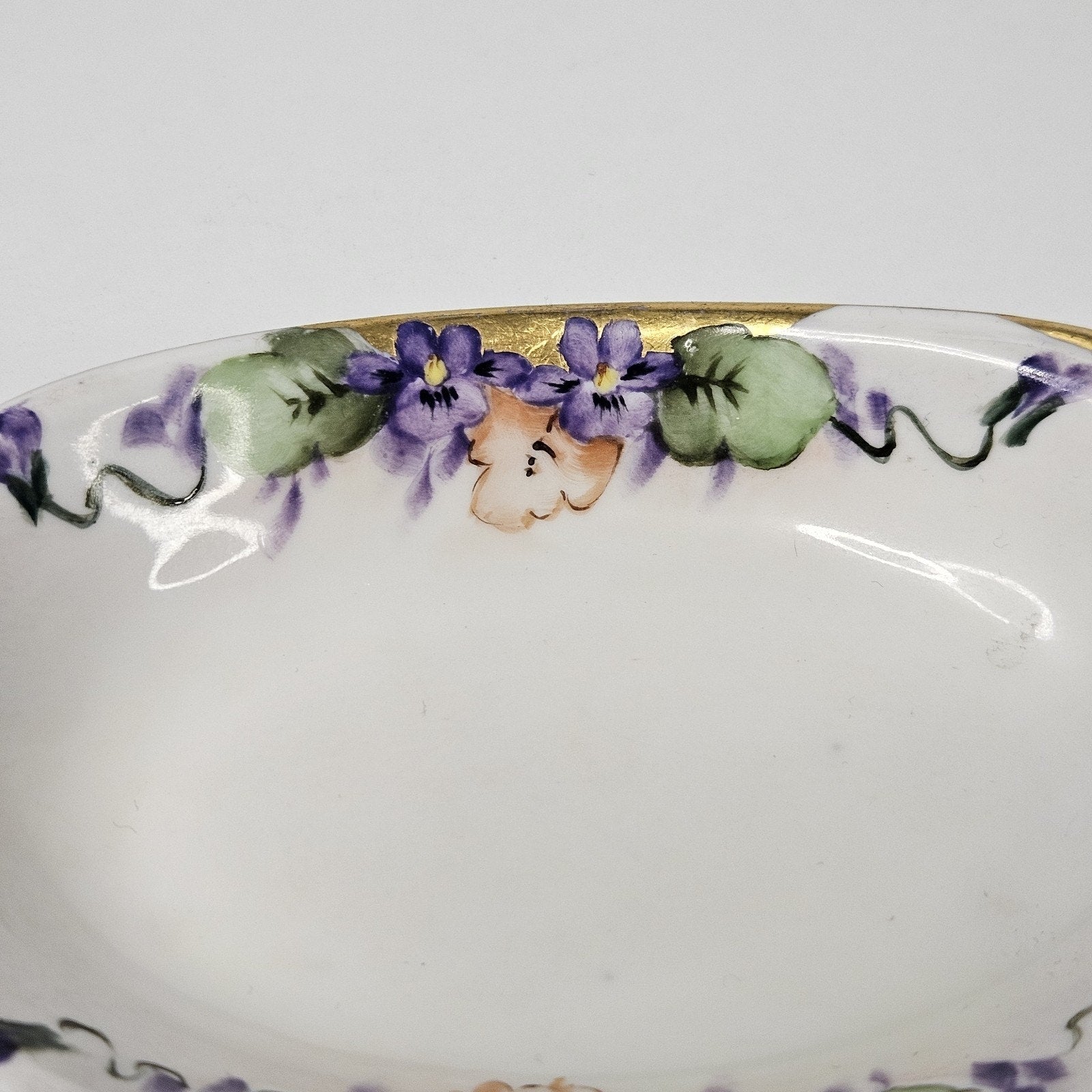 Antique hand-painted porcelain nappy dish candy bowl violet motif gold trim