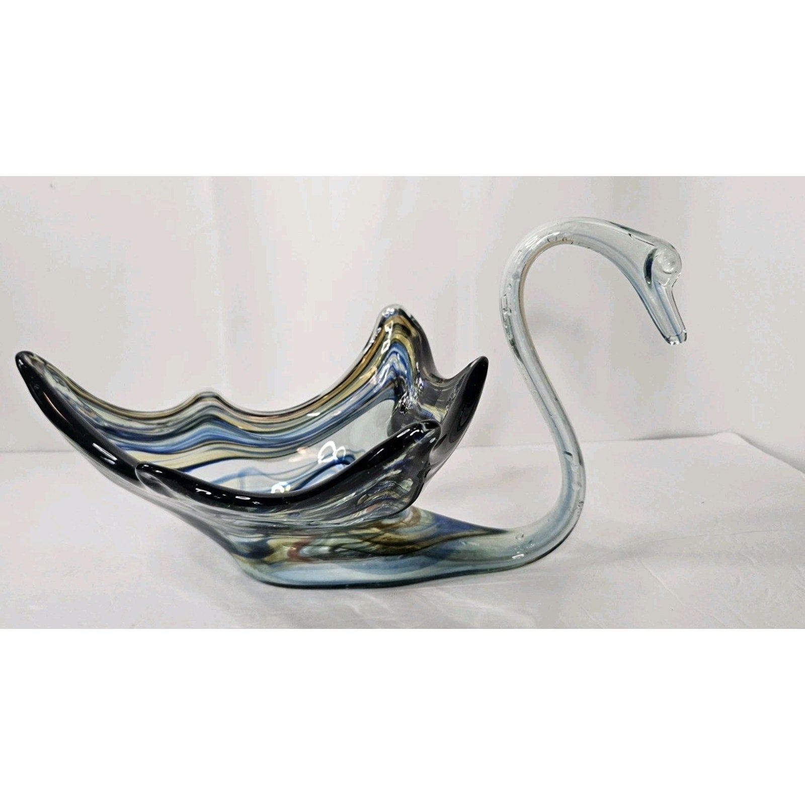 Vintage Large Hand Blown Glass Multi-Colored Swan Bowl Centerpiece 12"